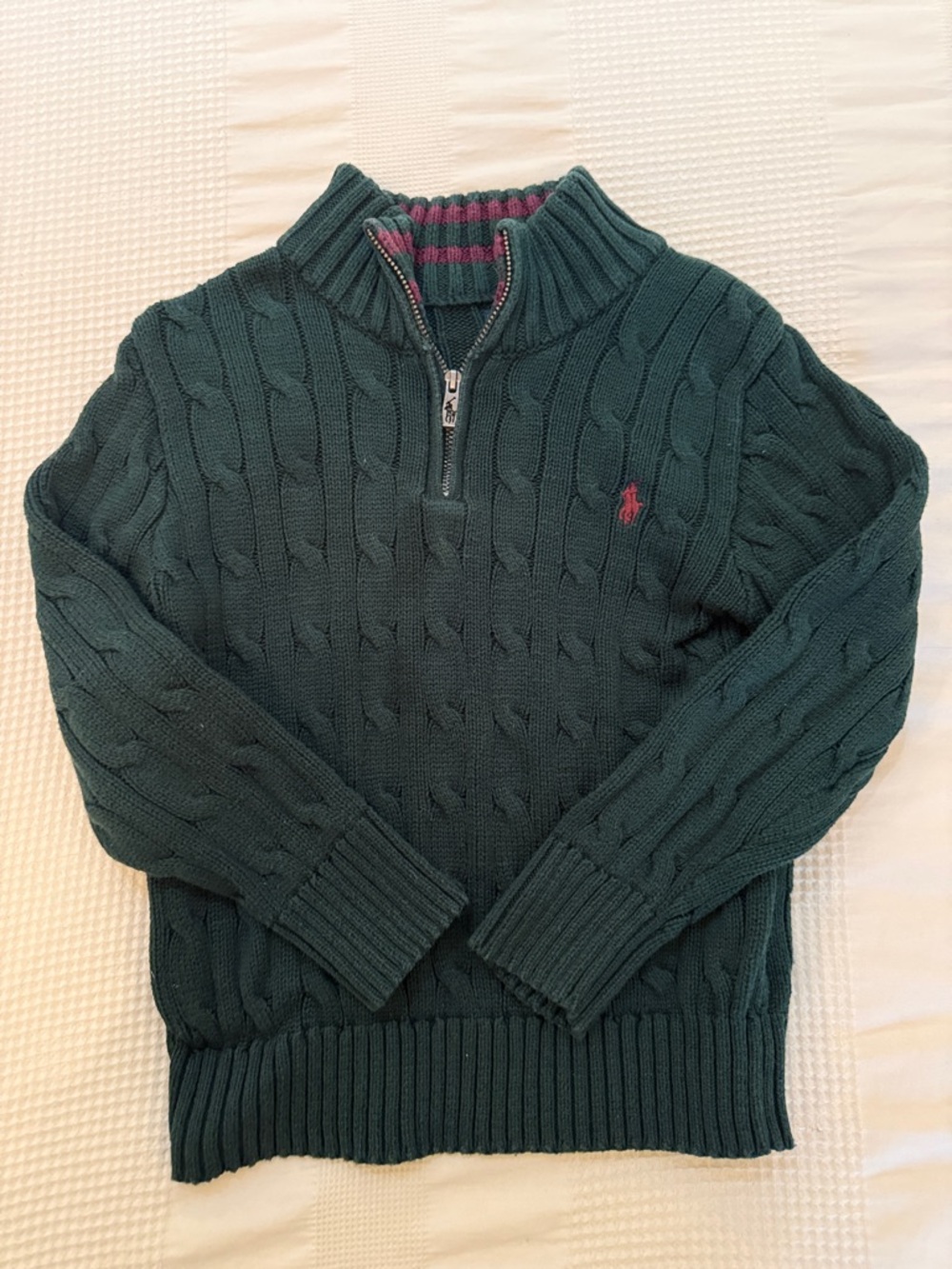Polo by Ralph Lauren Forest Green Cable-Knit Half-Zip Sweater with Pink Logo